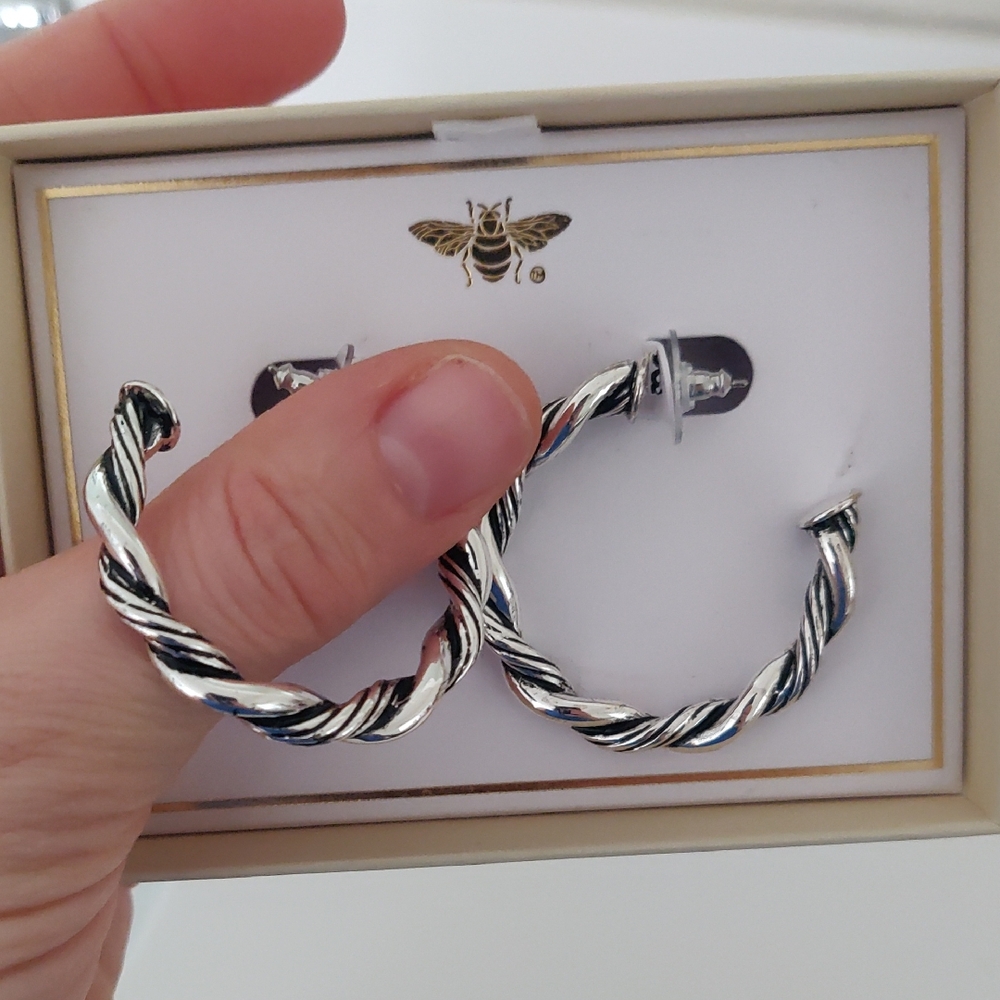 New!Vintage Rope Twist Pierced Hoop Silver Tone Earrings Gothic Retro Y2K Core
